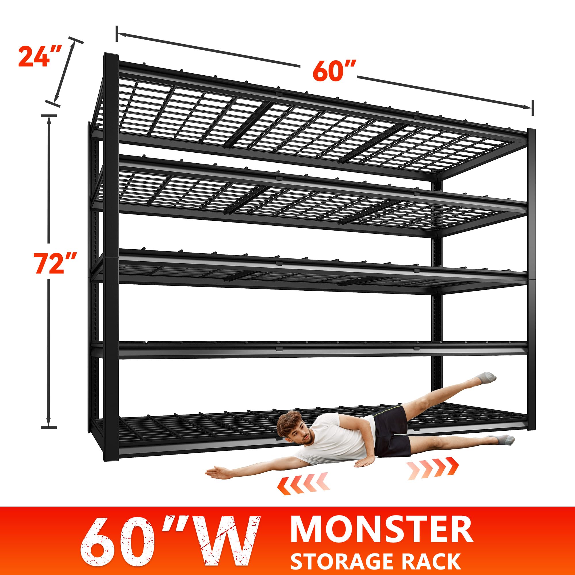 REIBII 60" W Garage Shelving 3000LBS Heavy Duty Storage Shelves Adjustable 5 Tier Metal Shelving Unit for Storage Rack Garage Storage Shelves Industrial Utility Shelf for Basement,72" Hx 60" W x 24" D