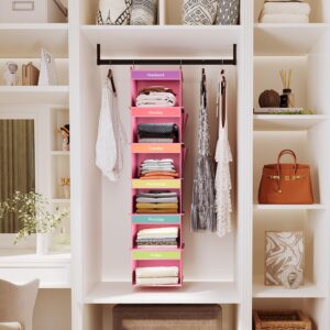 YOUDENOVA 6-Shelf Weekly Hanging Closet Organizer, Closet Organizers with 2 Side Pockets, Weekly Clothes Organizer for Kids, Pink