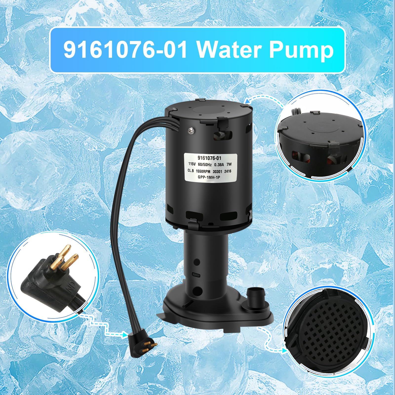 9161076-01 Water Pump 115 Volt 1550RPM ice machine Pump，Replacement ice maker water pump for GPP-1MH-1P and 803338. Compatible with ICE-O-Matic Models C20, C30, C40, EC300, ICE0250 and more