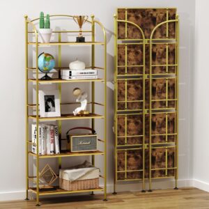 frapow folding bookshelf no assembly, 5 tier shelf gold collapsible bookcase, arched metal display tall book shelf with storage shelves for bedroom, living room, home office, dorm