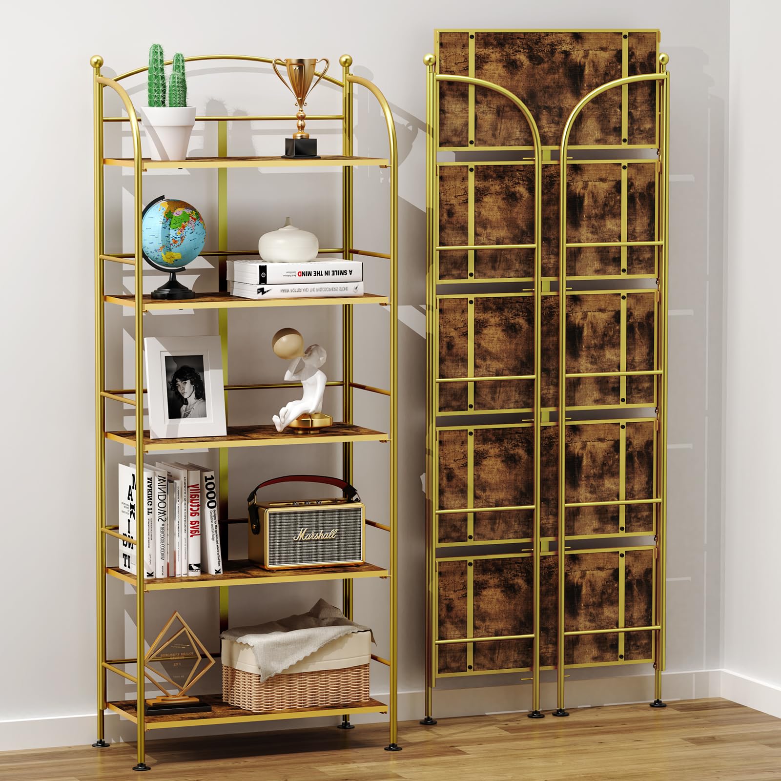 FRAPOW Folding Bookshelf No Assembly, 5 Tier Shelf Gold Collapsible Bookcase, Arched Metal Display Tall Book Shelf with Storage Shelves for Bedroom, Living Room, Home Office, Dorm