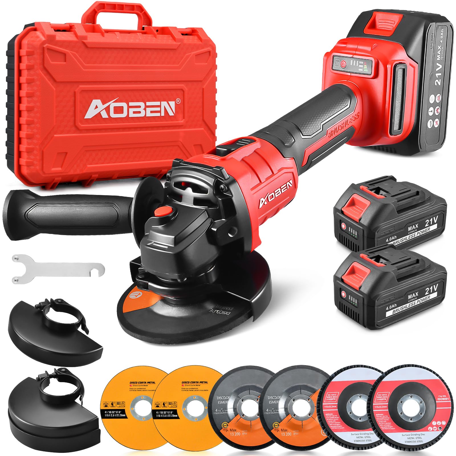 AOBEN Cordless Angle Grinder 4-1/2 inch, 21V Battery Grinder Tool, Power Electric Grinders, Brushless Motor, 2x4.0Ah Battery & Fast Charger, for Cutting, Griding, Polishing