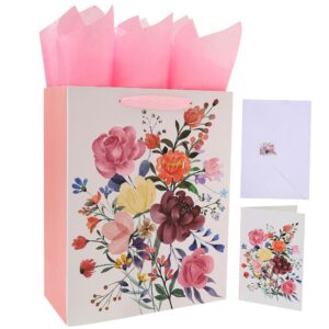 13" large white gift bag set with greeting card and pink tissue papers（flowers design）for women's birthday party, girls' parties, baby shower, mothers' day, wedding, anniversary, - 10.2”x5.2”x13”, 1 pcs.