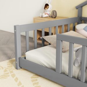 LostCat Twin Size Floor Bed with House-Shaped Bedside Design, Montessori Bed with Guardrails for Kids Boys Girls, Wood Slat Support, No Box Spring Needed, Grey