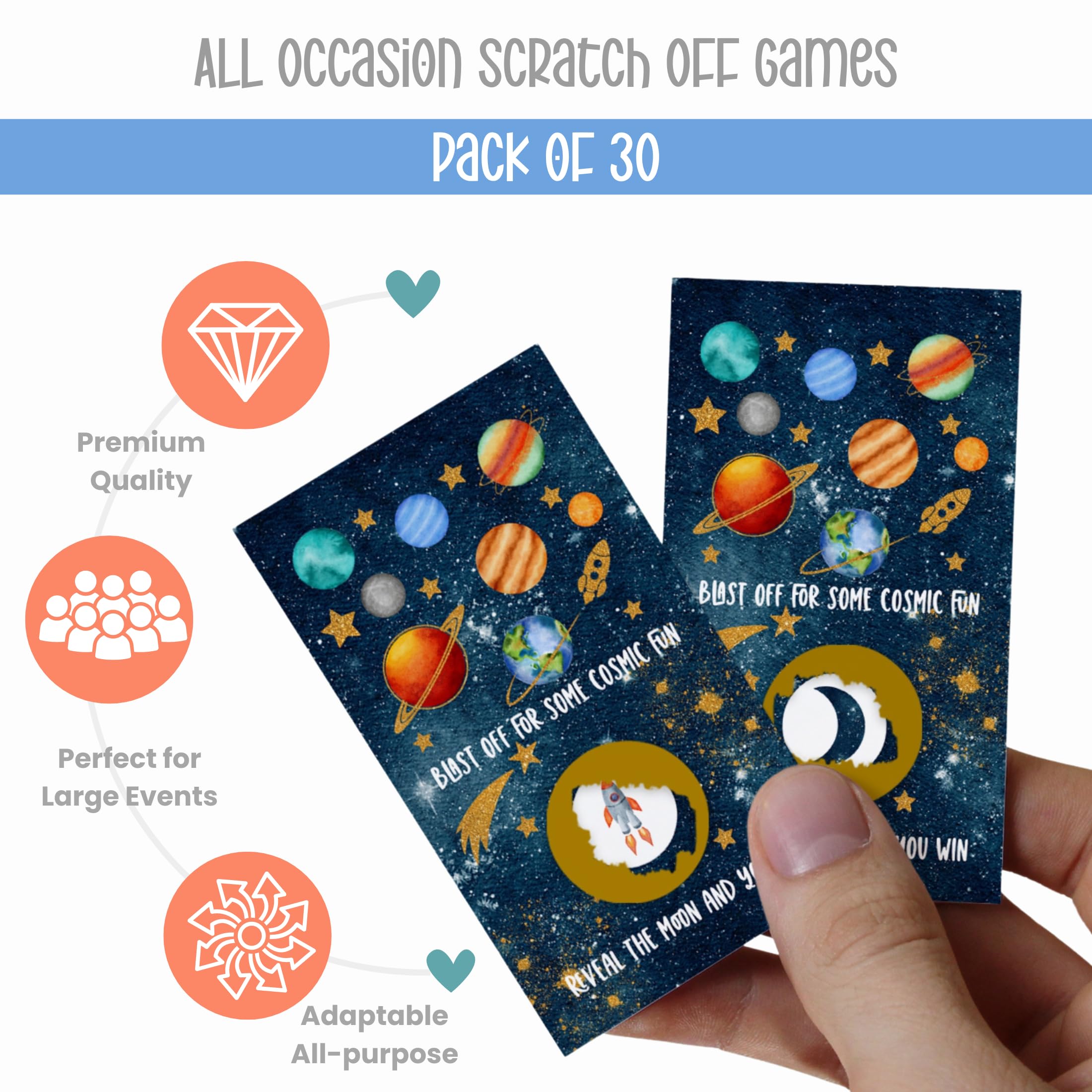 Cosmic Space Scratch Off Game Cards (30 Pack) - Fun Baby Shower Games, Moon Wedding Activities, Lottery Tickets for Door Prizes, Raffle Drawings, Instant Win Scratchers, Celestial Bridal Shower Favors