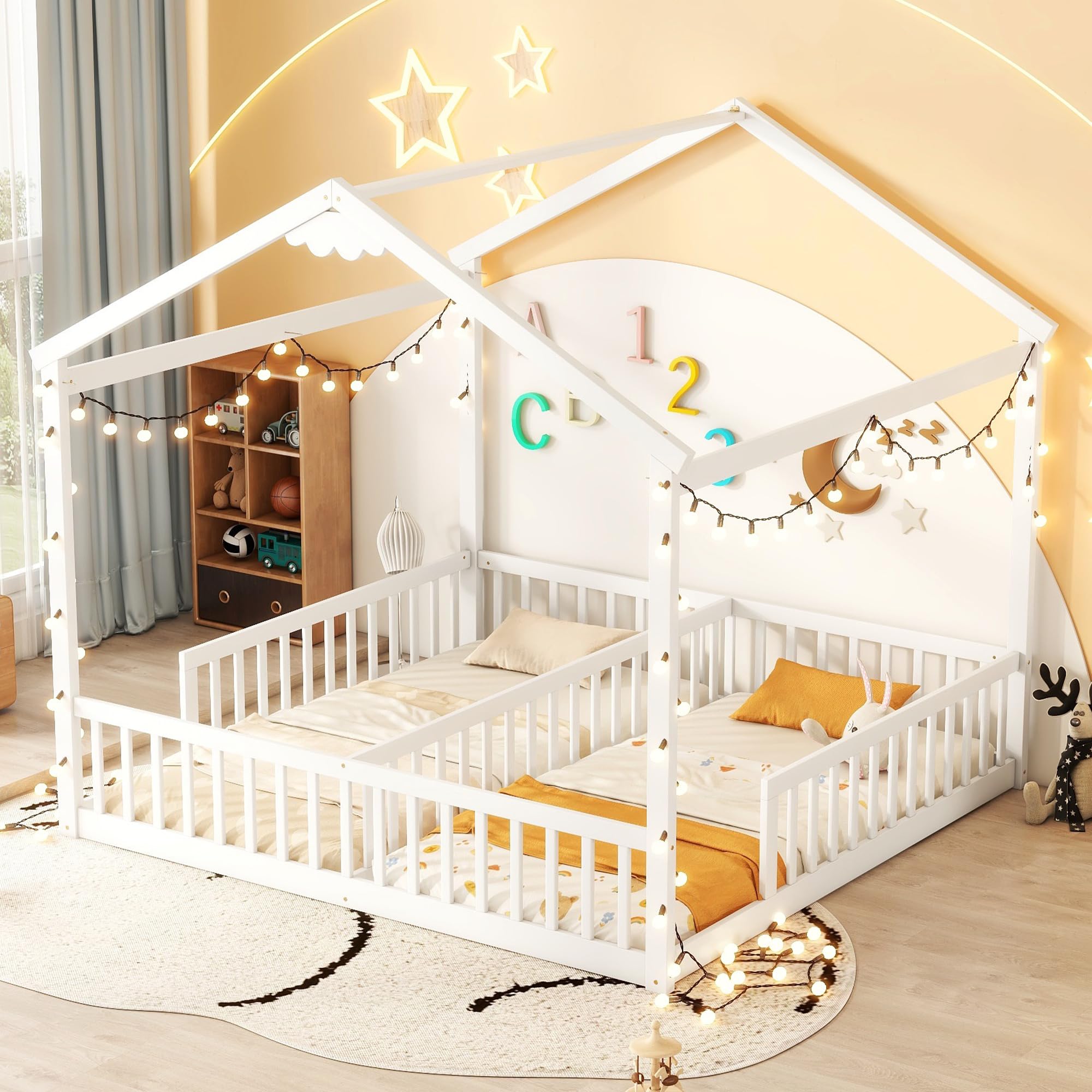 Luckiofvonne Double Twin Bed Frames for Kids, Twin House Bed for 2, Wood Montessori Floor Beds Frame with Fence Railings, Two Shared Beds for Boys Girls Teens, White