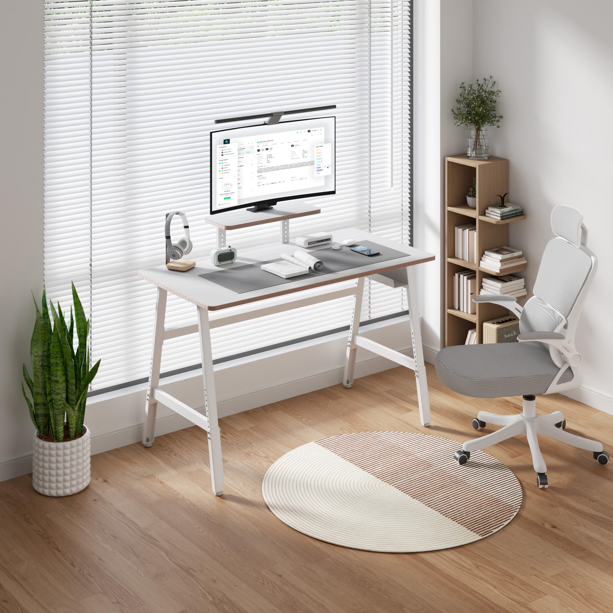 UPGRAVITY Height Adjustable Computer Desk - 47" Gaming Desk, Small Home Office Desk with Monitor Stand, Modern Simple Table Study Writing Work, Living Room Home Bedroom PC Table, Metal Frame, White