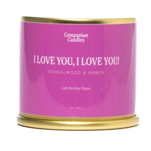 companion candles pet safe wood wick candle - “i love you, i love you!” sandalwood & amber, coconut soy wax scented, over 50 hr burn time, non-toxic, women-owned, made in usa (3 oz.)