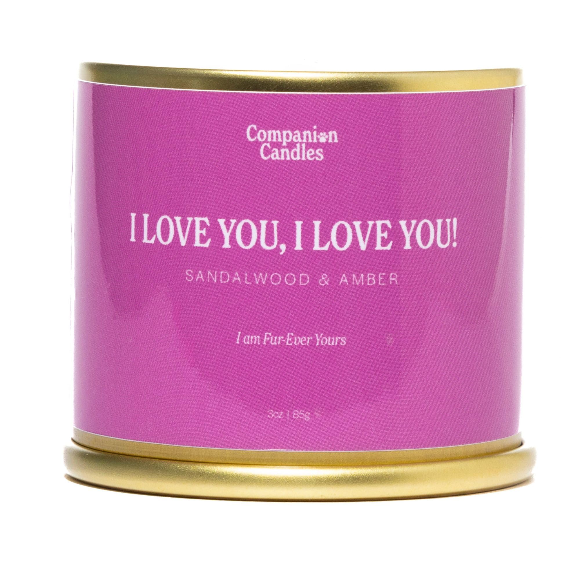 Companion Candles Pet Safe Wood Wick Candle - “I Love You, I Love You!” Sandalwood & Amber, Coconut Soy Wax Scented, Over 50 Hr Burn Time, Non-Toxic, Women-Owned, Made in USA (3 oz.)