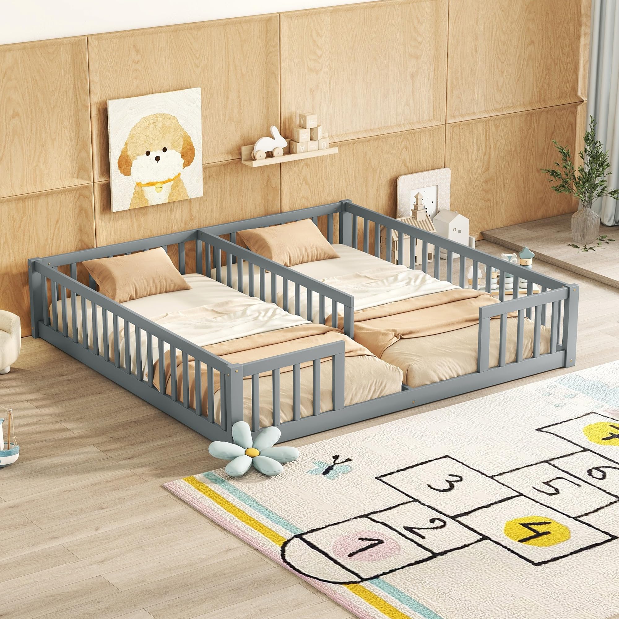 Luckiofvonne Floor Bed for 2 Kids, Montessori Bed Frame with Fence Railings, Wooden Double Twin Bed for Two Boys Girls, Box Spring Needed, Gray