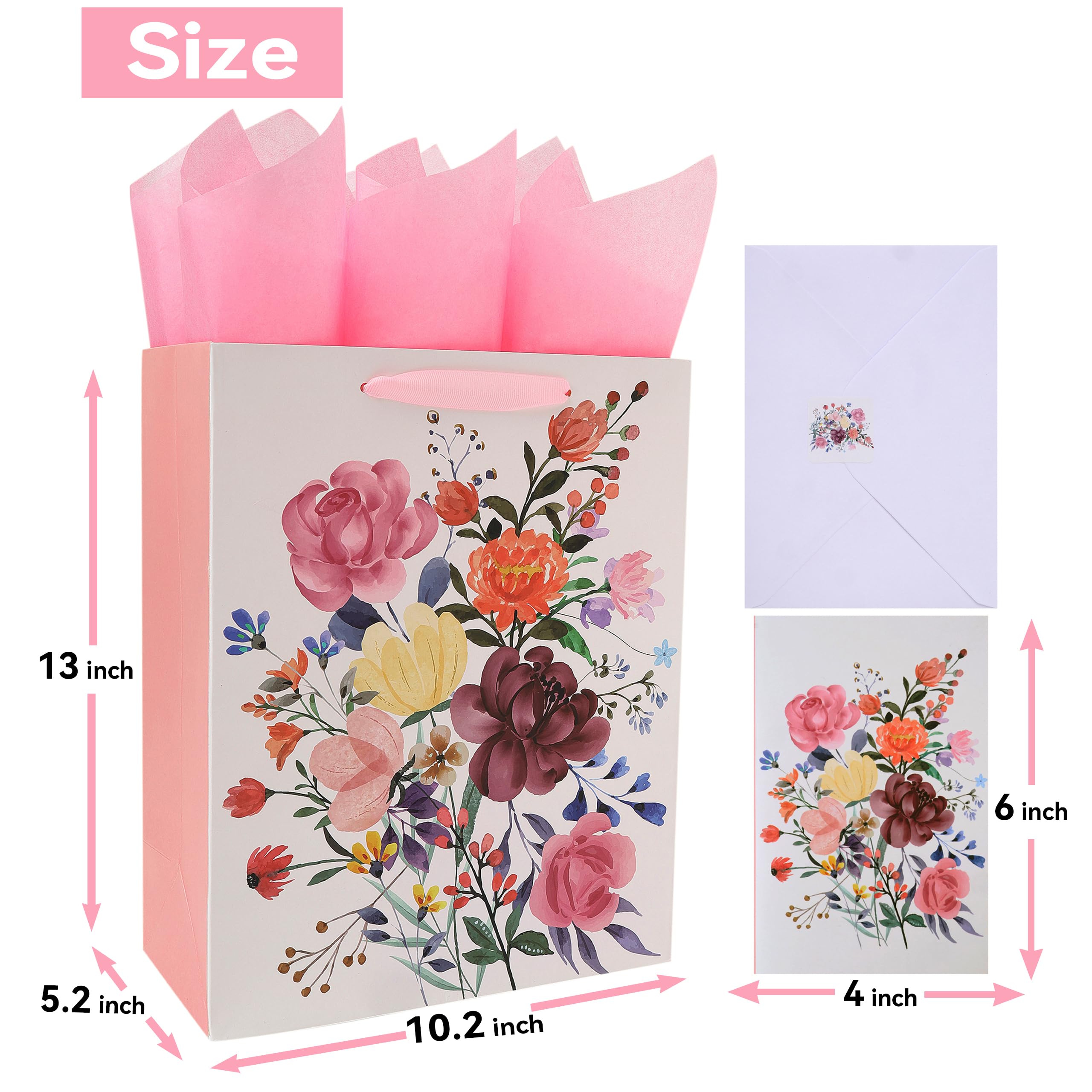 13" Large White Gift Bag Set with Greeting Card and Pink Tissue Papers（Flowers Design）for Women's Birthday Party, Girls' Parties, Baby Shower, Mothers' Day, Wedding, Anniversary, - 10.2”x5.2”x13”, 1 Pcs.