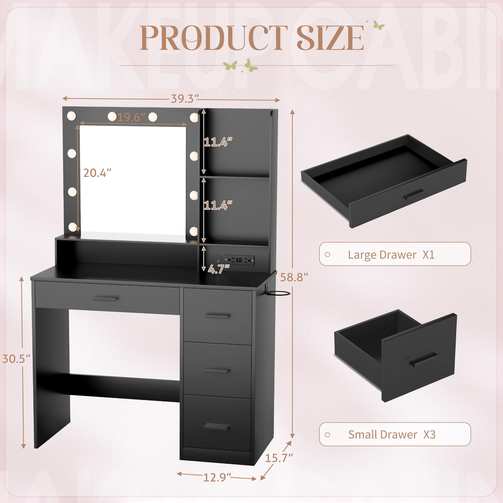 Furmax Vanity Desk with LED Lighted Mirror&Power Outlet, 39.3’’ Makeup Vanity Table with 4 Drawers and 3 Storage Shelves, Adjustable 3 Lighting Colorfor Bedroom&Dressing Room (Black)