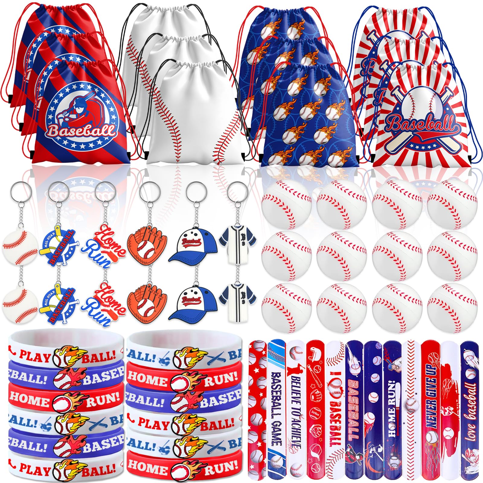 72Pcs Baseball Party Favors, Baseball Birthday Party Favors Includes Baseball Bag Mini Baseball Wristband Keychain Slap bracelet for Kids Baseball Birthday Party Supplies