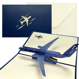 life-mate airplane pop up card, 3d popup greeting cards with envelope aircraft for travel birthday graduation gift men (blue)