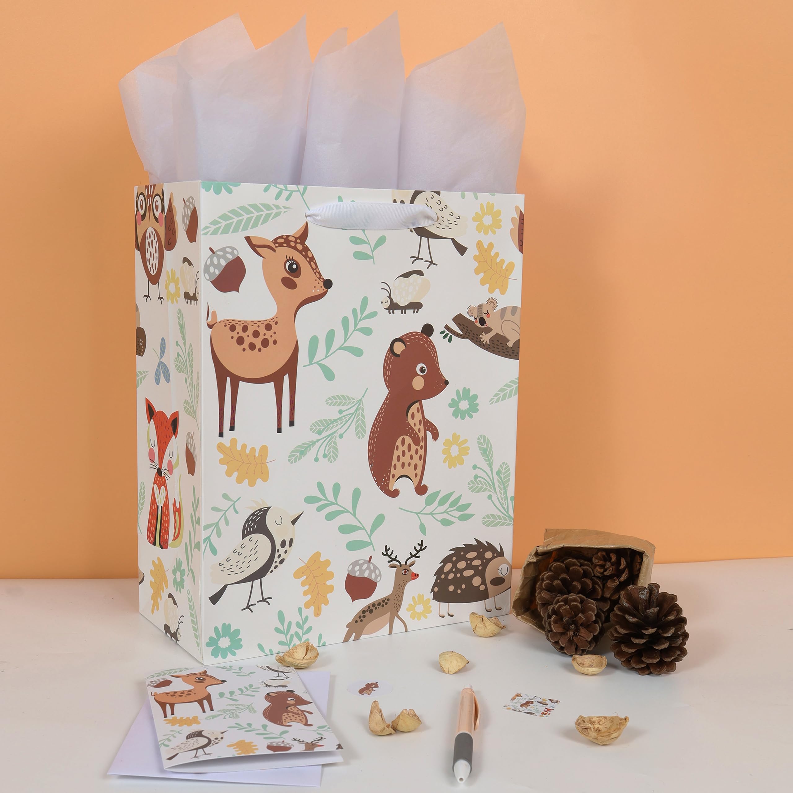 13" Large Animal-themed Gift Bags Set with Greeting Card and Tissue Paper (Animal Design) for Boys', Girls' or Kids Birthday Party, Baby boy, Baby Shower, Newborn, New Moms or Parents - 10.2”x5.2”x13”, 1 Pcs.