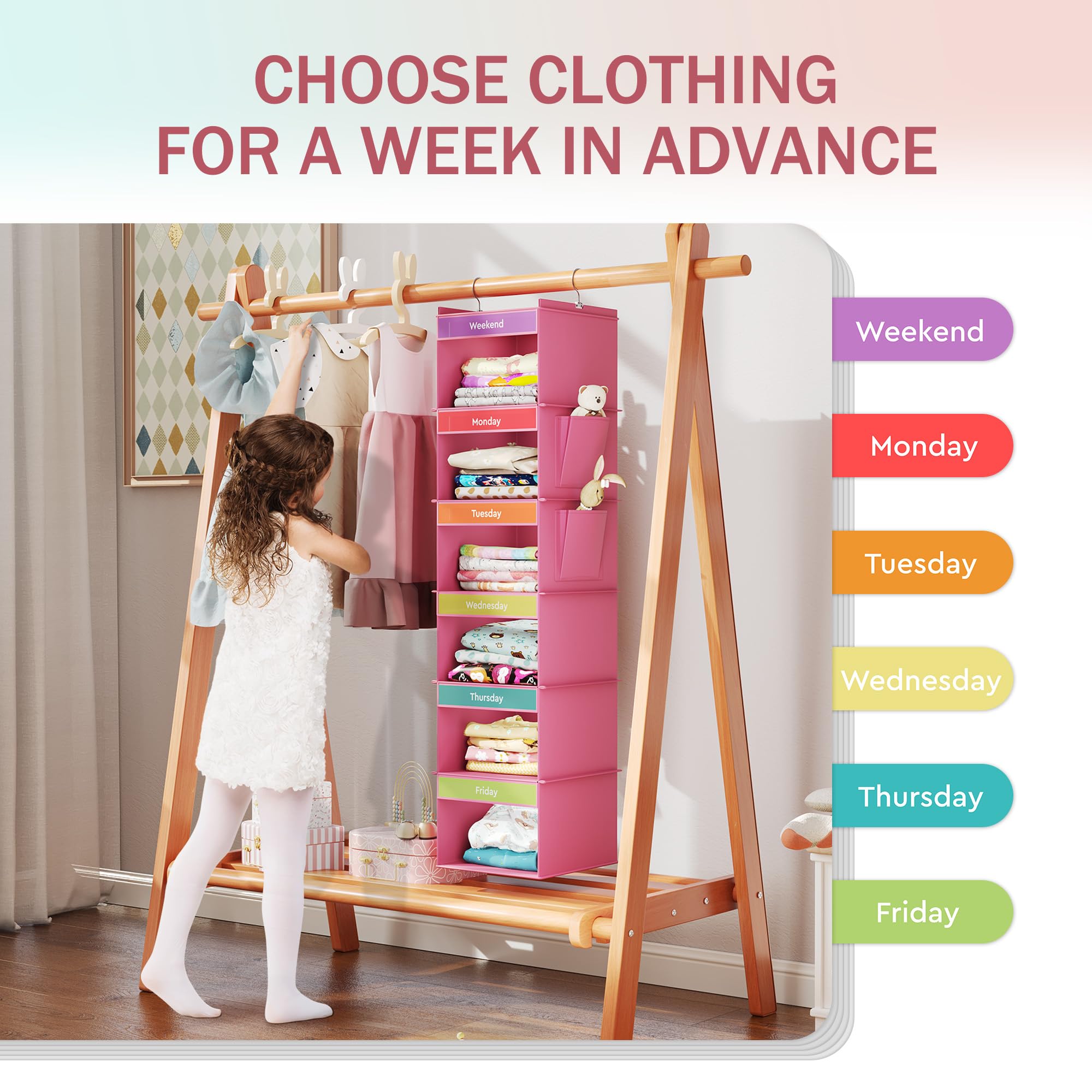 YOUDENOVA 6-Shelf Weekly Hanging Closet Organizer, Closet Organizers with 2 Side Pockets, Weekly Clothes Organizer for Kids, Pink