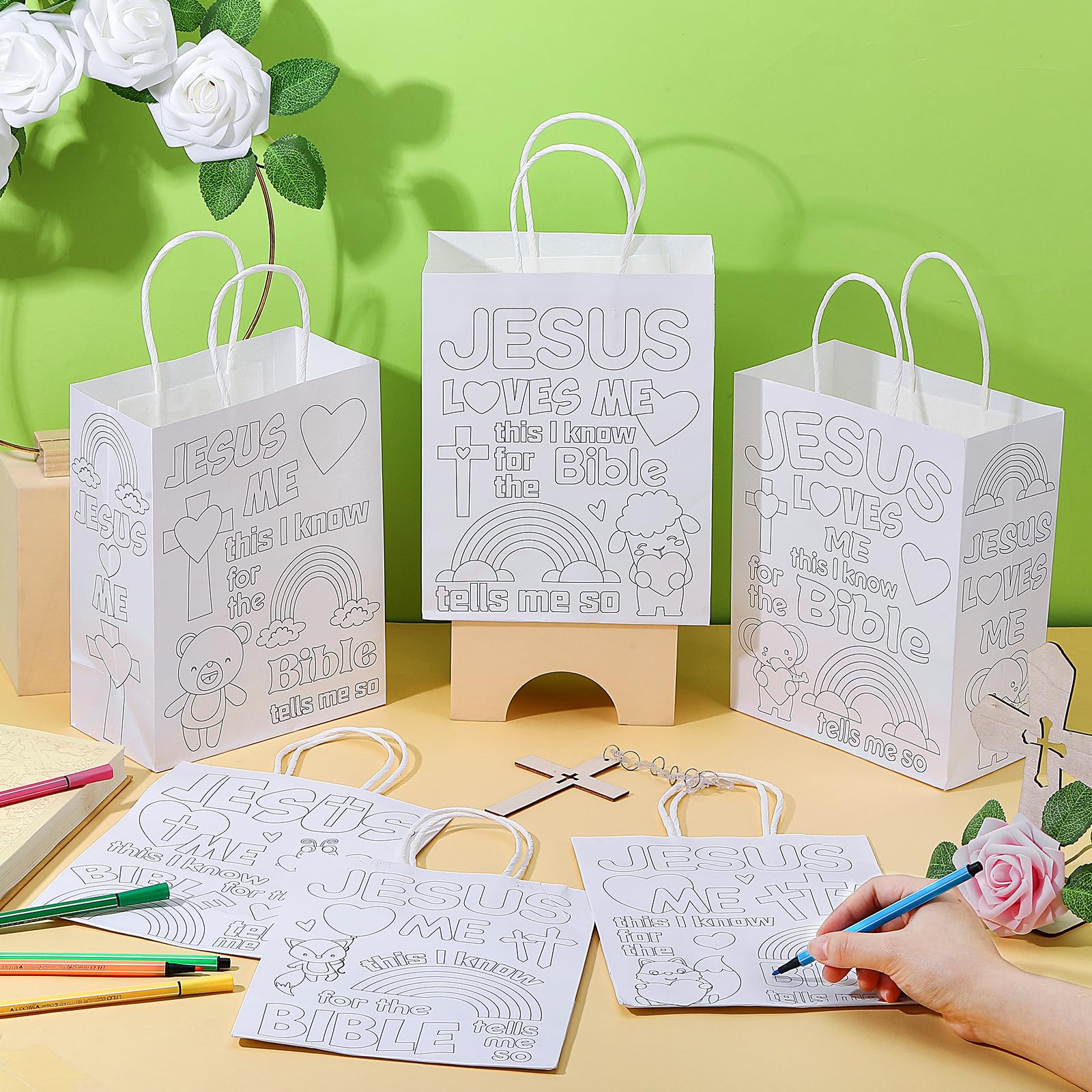 Motiskyy 24 Pcs Color Your Own Jesus Loves Me Paper Bags Religious Bags DIY Crafts, Christian Religious Crafts for Sunday School Home Classroom Religious Art Activity Supplies