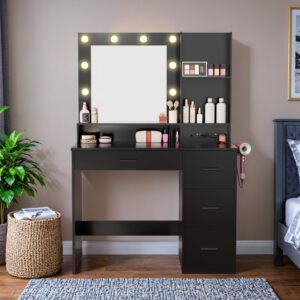 Furmax Vanity Desk with LED Lighted Mirror&Power Outlet, 39.3’’ Makeup Vanity Table with 4 Drawers and 3 Storage Shelves, Adjustable 3 Lighting Colorfor Bedroom&Dressing Room (Black)