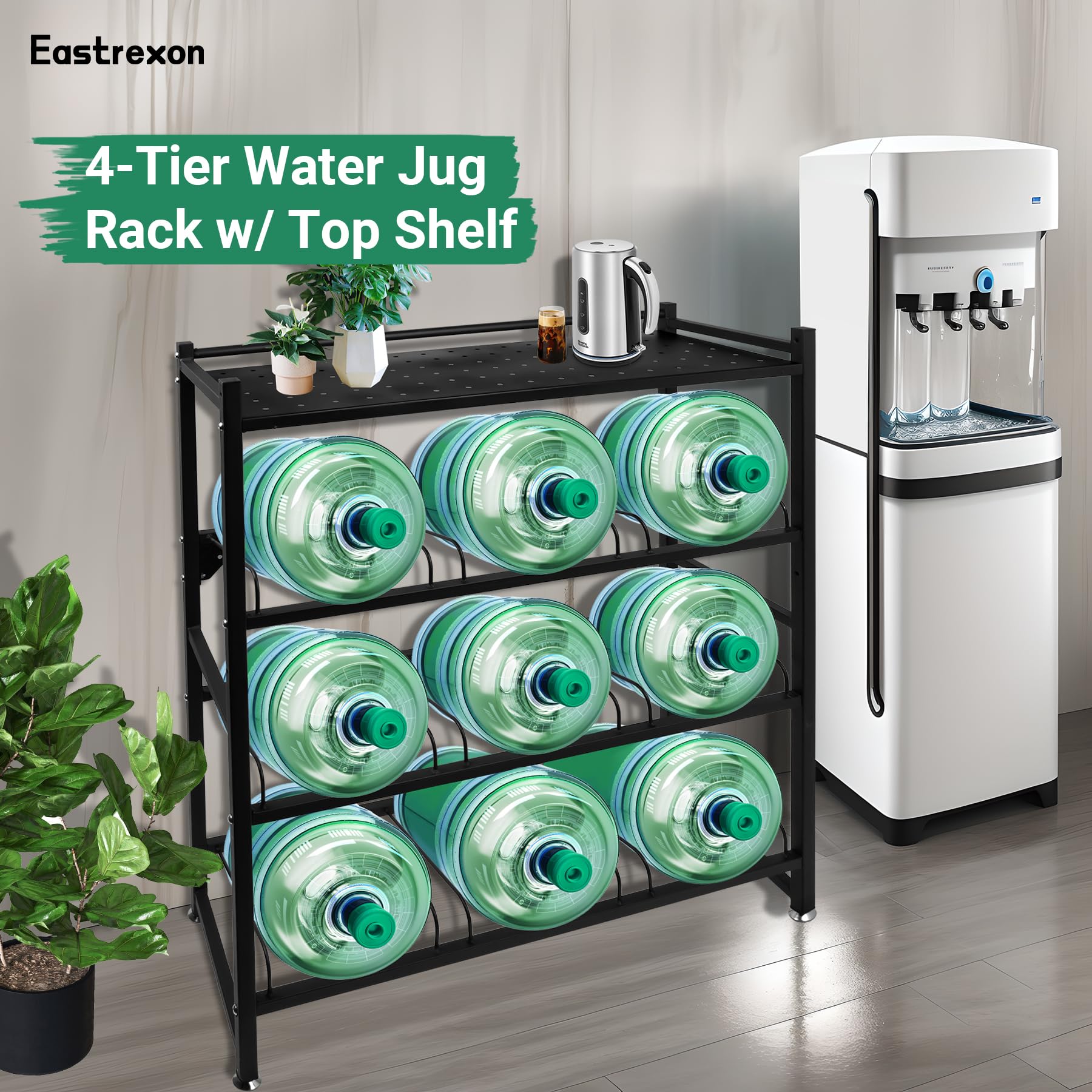 Eastrexon 5 Gallon Water Jug Holder Heavy Duty，4-Tier Water Jug Rack w/Top Shelf, Wall Mount Water Bottle Holder for 9 Bottles, Powder Coated Water Rack Stand for Home, Office, Restaurant, Gym.