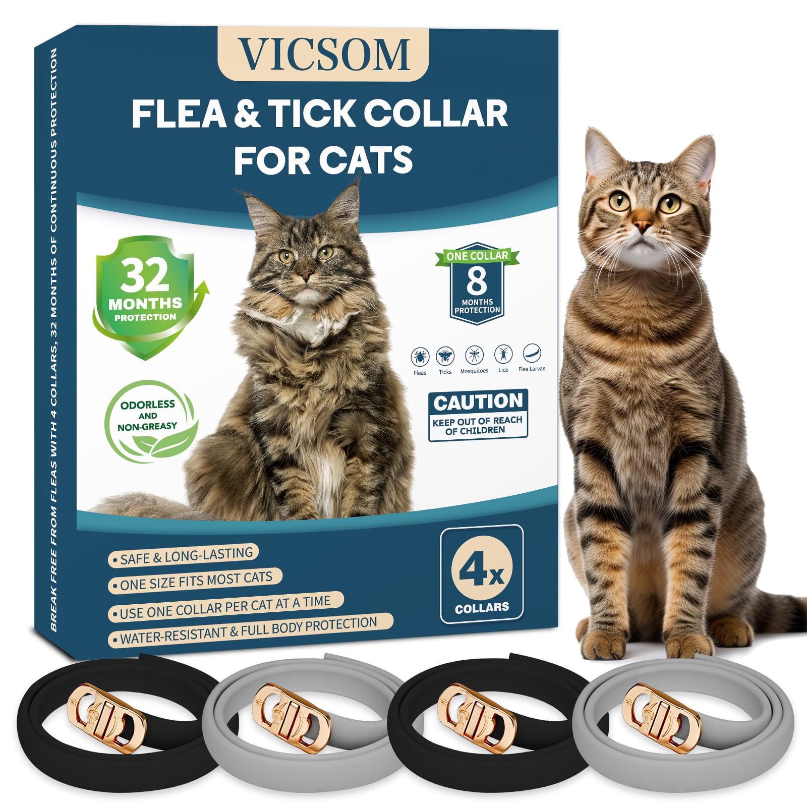 4 Pack Flea Collar for Cats, Cat Flea and Tick Collar 32 Months Cat Flea and Tick Treatment Collar, Waterproof Adjustable Cats Kitten Flea Collar, Tick and Flea Prevention Collar for Cat, Black Grey