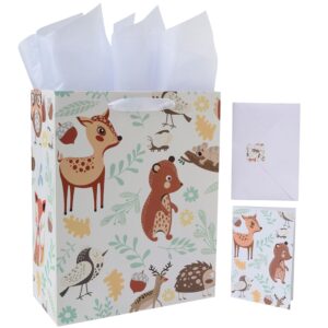 13" large animal-themed gift bags set with greeting card and tissue paper (animal design) for boys', girls' or kids birthday party, baby boy, baby shower, newborn, new moms or parents - 10.2”x5.2”x13”, 1 pcs.