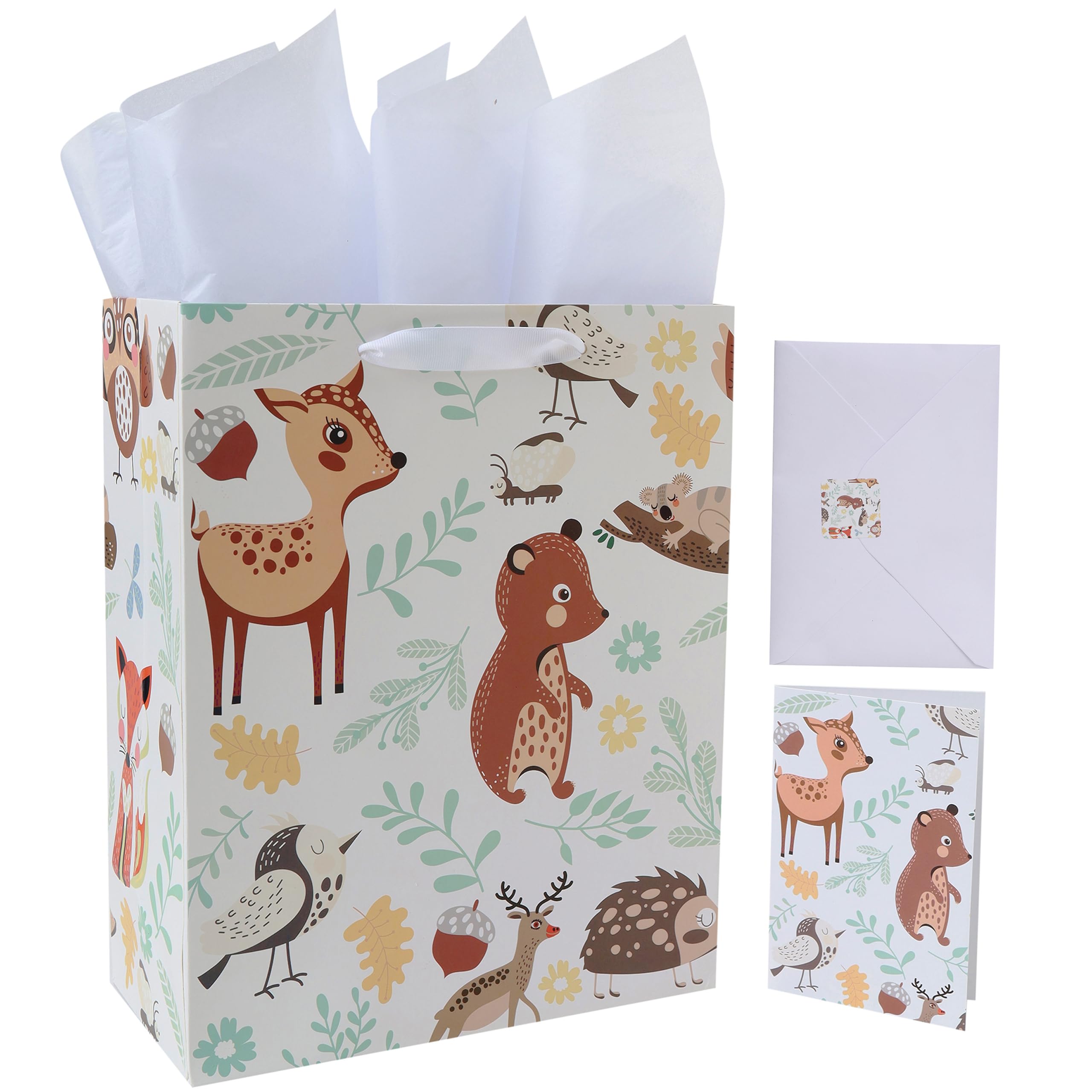 13" Large Animal-themed Gift Bags Set with Greeting Card and Tissue Paper (Animal Design) for Boys', Girls' or Kids Birthday Party, Baby boy, Baby Shower, Newborn, New Moms or Parents - 10.2”x5.2”x13”, 1 Pcs.