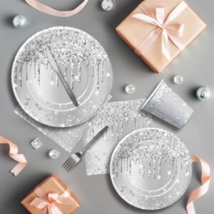 YJRJSC Silver Plates And Napkins Party Supplies - Silver Party Decorations Tableware For Birthday Bridal Shower, Paper Plate, Napkin, Cup, Cutlery, Diamonds Silver Glitter Table Decorations | Serve 24