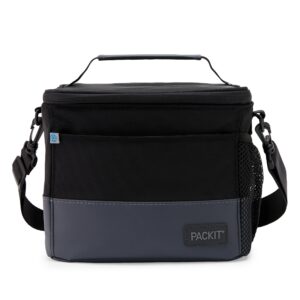 packit freezable lunch pail, black/gray, engineered with ecofreeze+ technology: triple layered protection for ultimate cooling, with removable crossbody strap, fresh food on the go