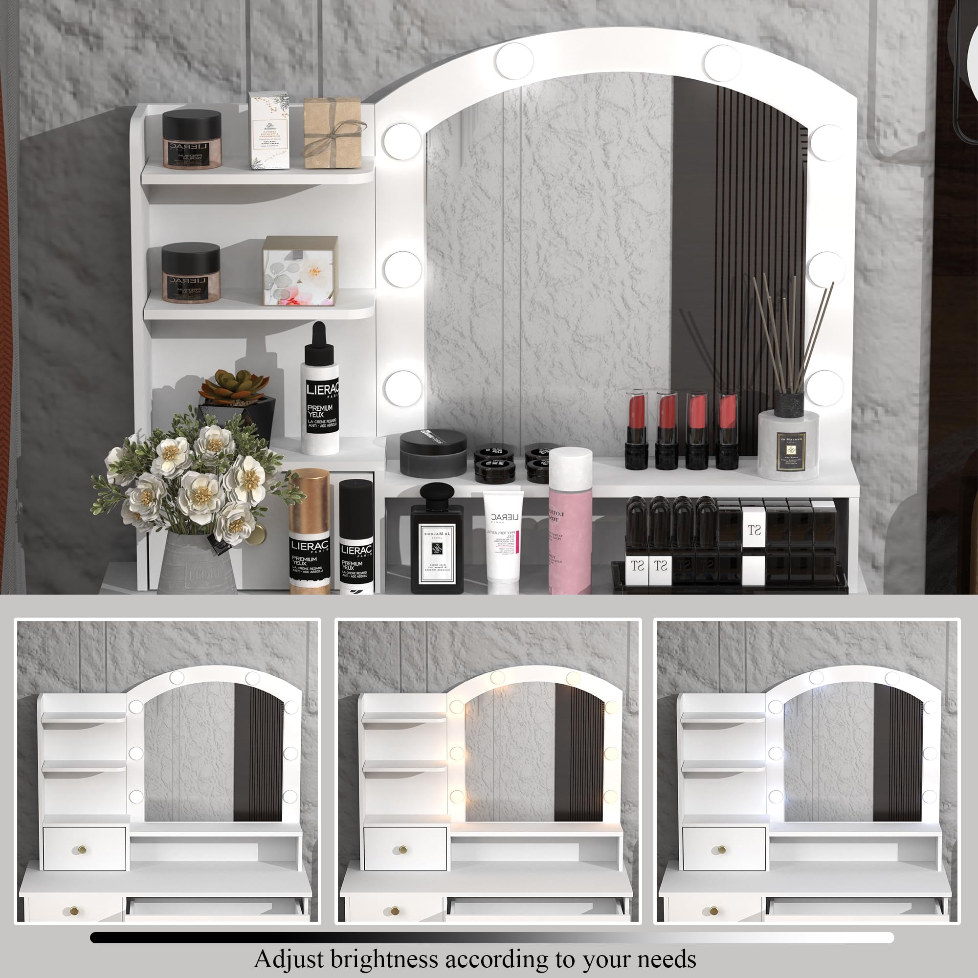 MISHAO Vanity Desk Set w/Mirror & Lights, 37" Makeup Vanity Table w/Chair & Power Outlet, Storage Drawers & Open Shelves, 3 Color Modes & Adjustable Brightness Dressing Table for Bedroom, White