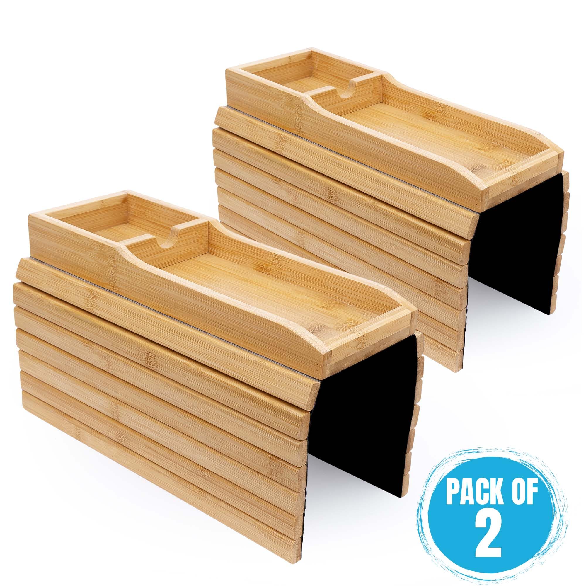 Couch Cup Holder Tray Couch Caddy Anti-Slip Bamboo Sofa Arm Tray *2-Pack* Organizer for Remote Control, Drinks, Snacks, Phone,- Foldable and Easy to Clean, Movie Must-Haves, Armchair Accessories