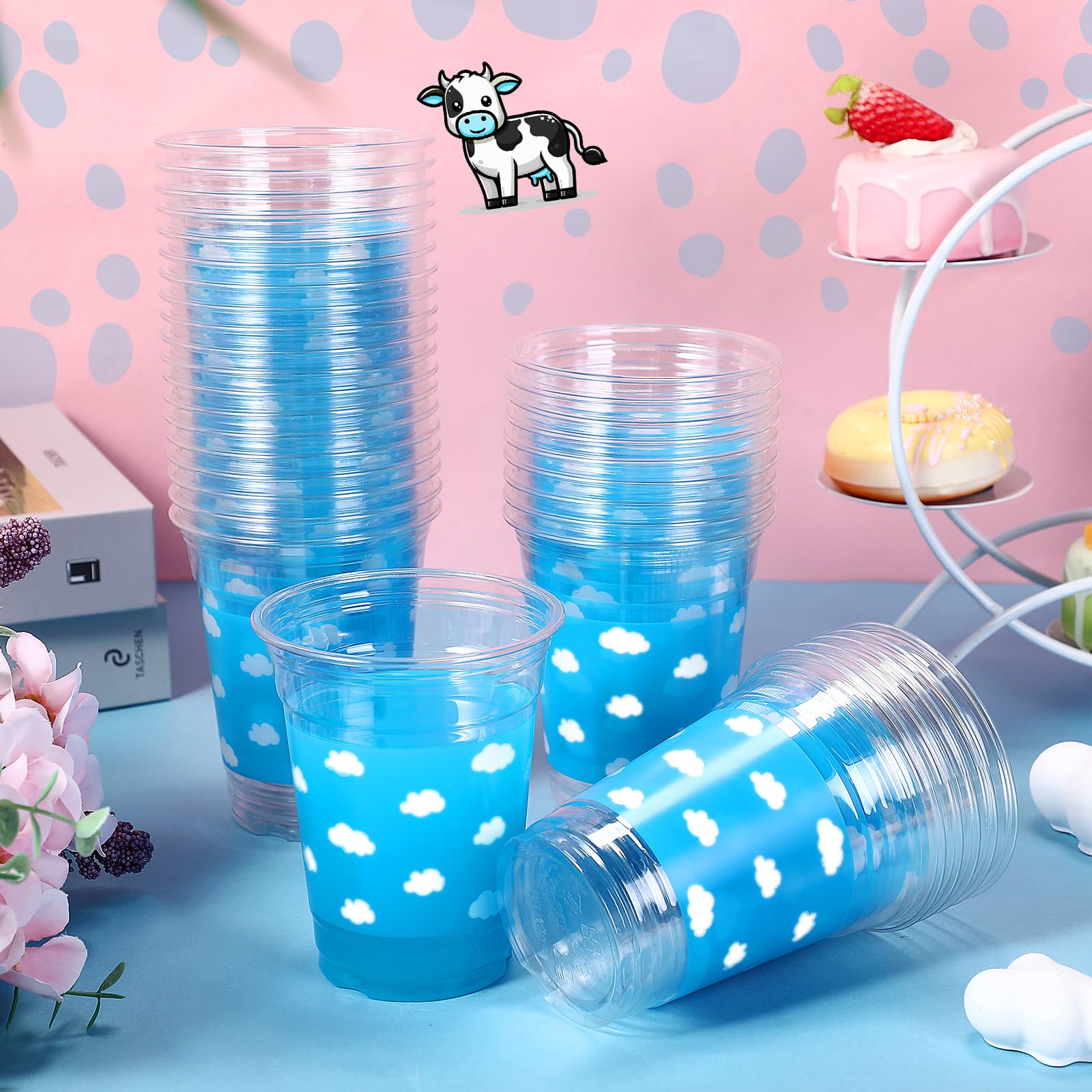 Willinglong 36 Pcs Blue Sky White Clouds Birthday Party Supplies 12 oz Cartoon Story Plastic Thick Clear Cups Disposable Plastic Cups for Birthday Baby Shower Blue Party Decorations