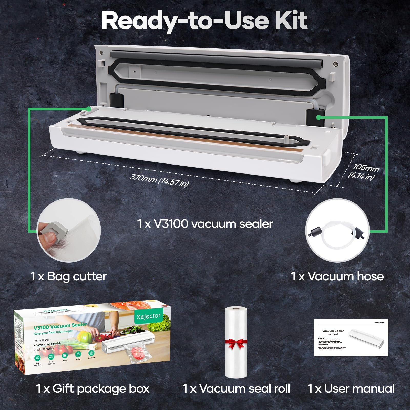 Vacuum Sealer Machine With Vacuum Sealer Bags, Dry/Moist Compact Full Automatic Food Sealer, Air Sealer Machine with Vacuum Seal Rolls, Bag Cutter, Vacuum Hose