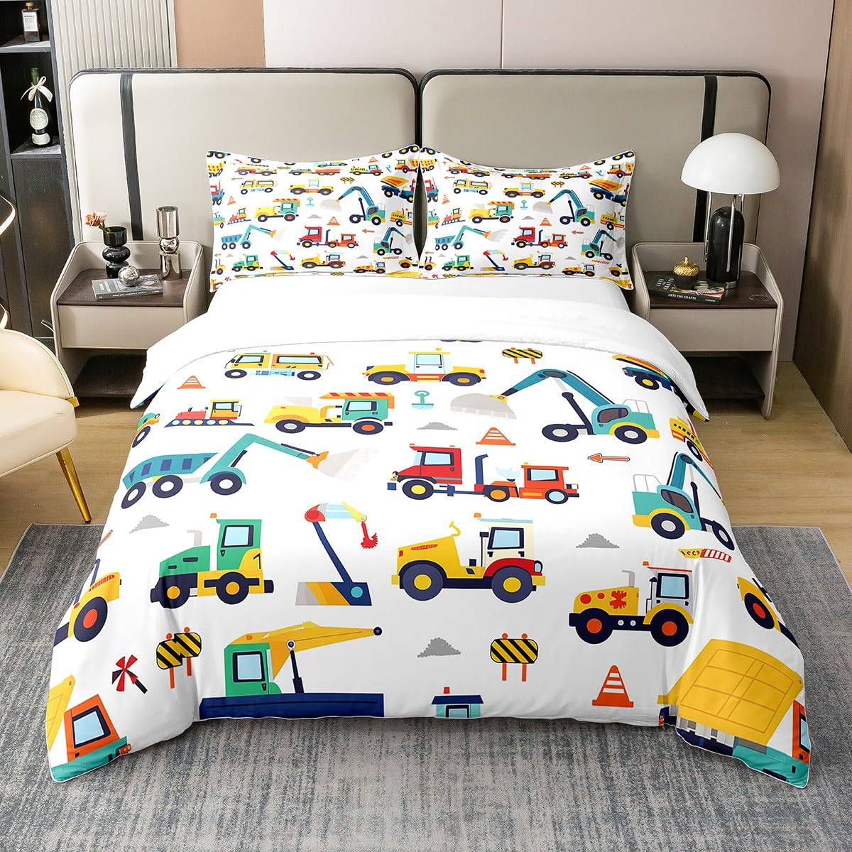 Cartoon Truck 100% Cotton Comforter Cover Queen Construction Vehicle Duvet Cover for Kids Boys Girls Transport Equipment Car Quilt Cover Bulldozer Crane Bedding Set with 2 Pillowcases