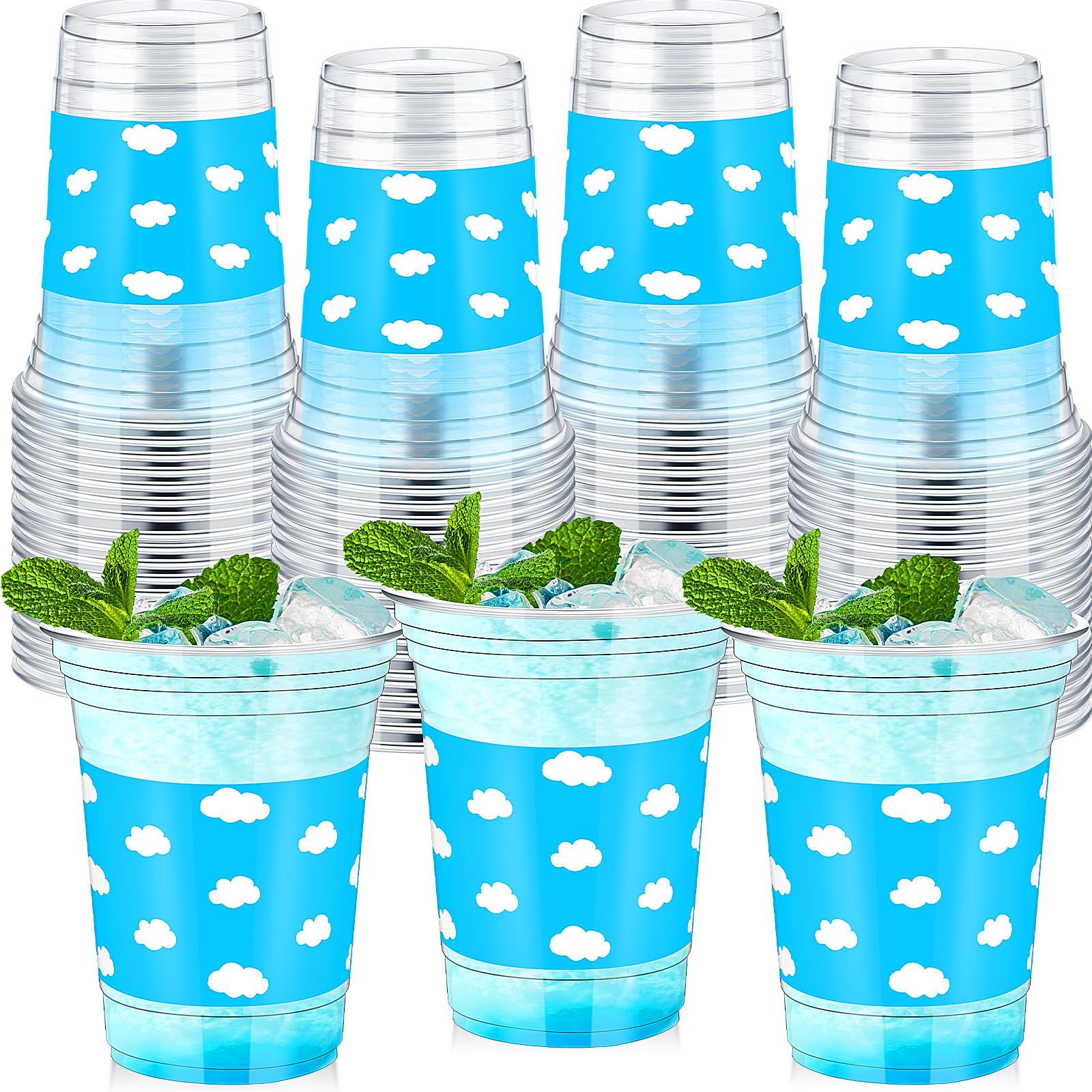 Willinglong 36 Pcs Blue Sky White Clouds Birthday Party Supplies 12 oz Cartoon Story Plastic Thick Clear Cups Disposable Plastic Cups for Birthday Baby Shower Blue Party Decorations