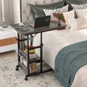 height adjustable end table with charging station, mobile c shaped laptop side table with wheels, 3-tier sofa couch table with storage shelve for living room bedroom, grey oak