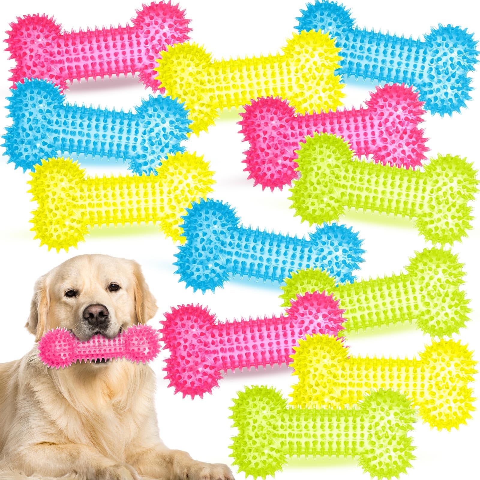 VercanMonth 12 Pack Squeaky Dog Toy 6'' Bone Chew Toy Rubber Bone Toy Dogs Spiky Dog Toy for Medium and Large Dogs Teeth Cleaning and Training Aggressive Chewers, 4 Colors