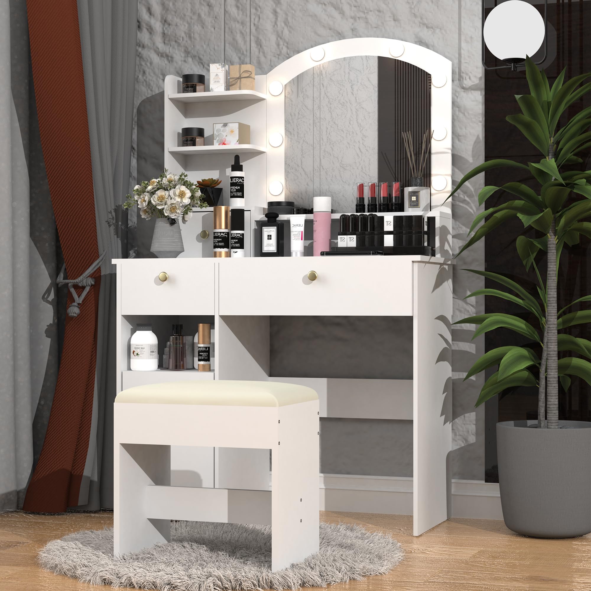 MISHAO Vanity Desk Set w/Mirror & Lights, 37" Makeup Vanity Table w/Chair & Power Outlet, Storage Drawers & Open Shelves, 3 Color Modes & Adjustable Brightness Dressing Table for Bedroom, White