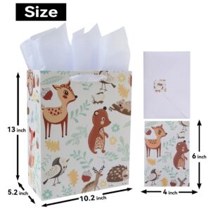 13" Large Animal-themed Gift Bags Set with Greeting Card and Tissue Paper (Animal Design) for Boys', Girls' or Kids Birthday Party, Baby boy, Baby Shower, Newborn, New Moms or Parents - 10.2”x5.2”x13”, 1 Pcs.