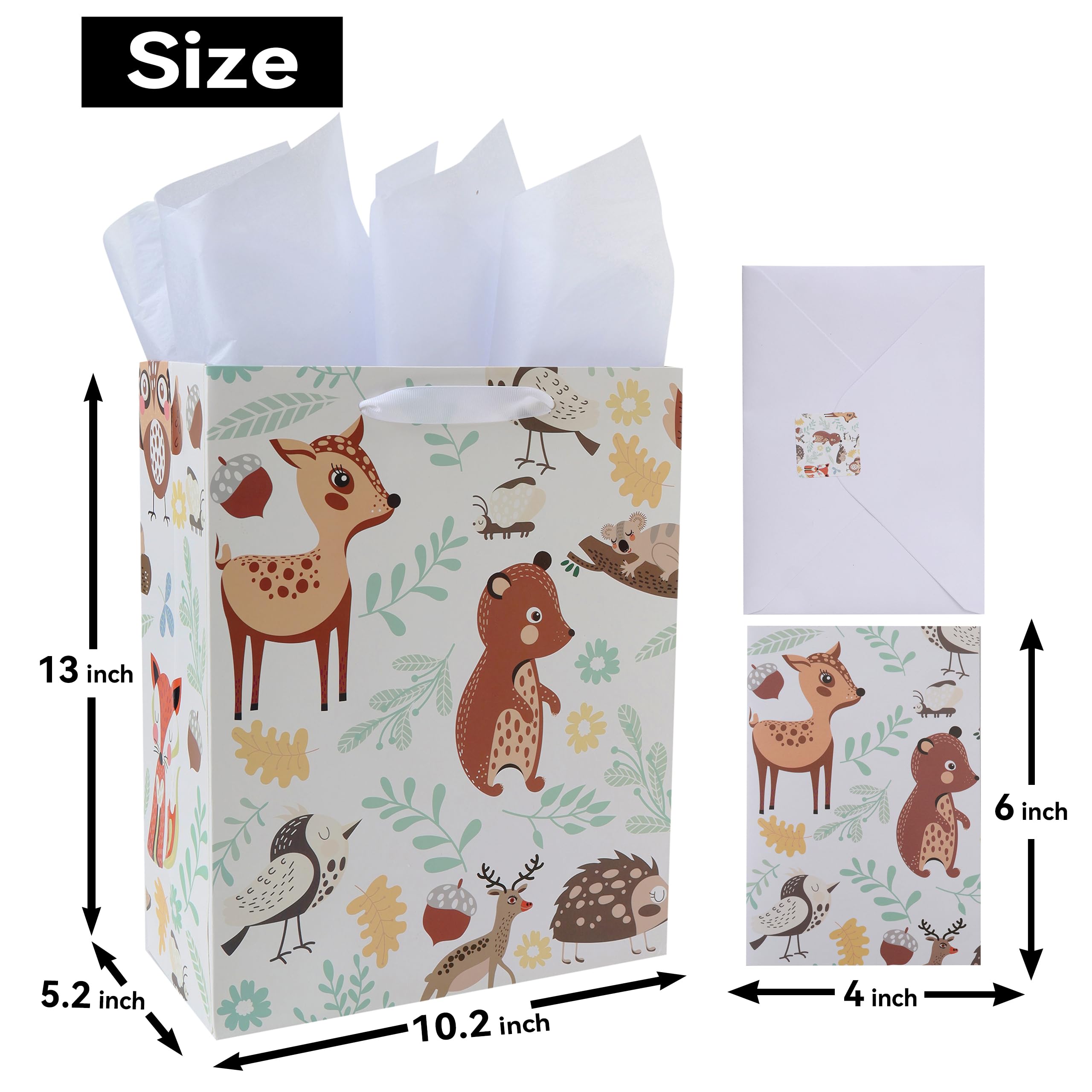 13" Large Animal-themed Gift Bags Set with Greeting Card and Tissue Paper (Animal Design) for Boys', Girls' or Kids Birthday Party, Baby boy, Baby Shower, Newborn, New Moms or Parents - 10.2”x5.2”x13”, 1 Pcs.