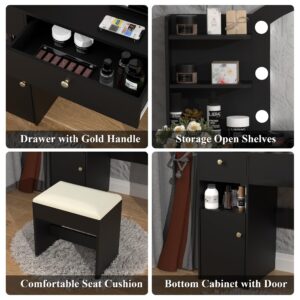 MISHAO Vanity Desk Set w/Mirror & Lights, Power Outlet, Makeup Vanity Table w/Stool, Storage Drawers & Open Shelves, 3 Color Modes & Adjustable Brightness Dressing Table for Bedroom, Black