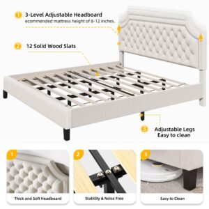 DWVO King Size Bed Frame with Adjustable Headboard, Beige Linen Upholstered Platform Bed Frame with Nail Headboard, 12'' Under-Bed Storage Low Profile Bed Frame No Box Spring Needed Hold up to 1200lbs