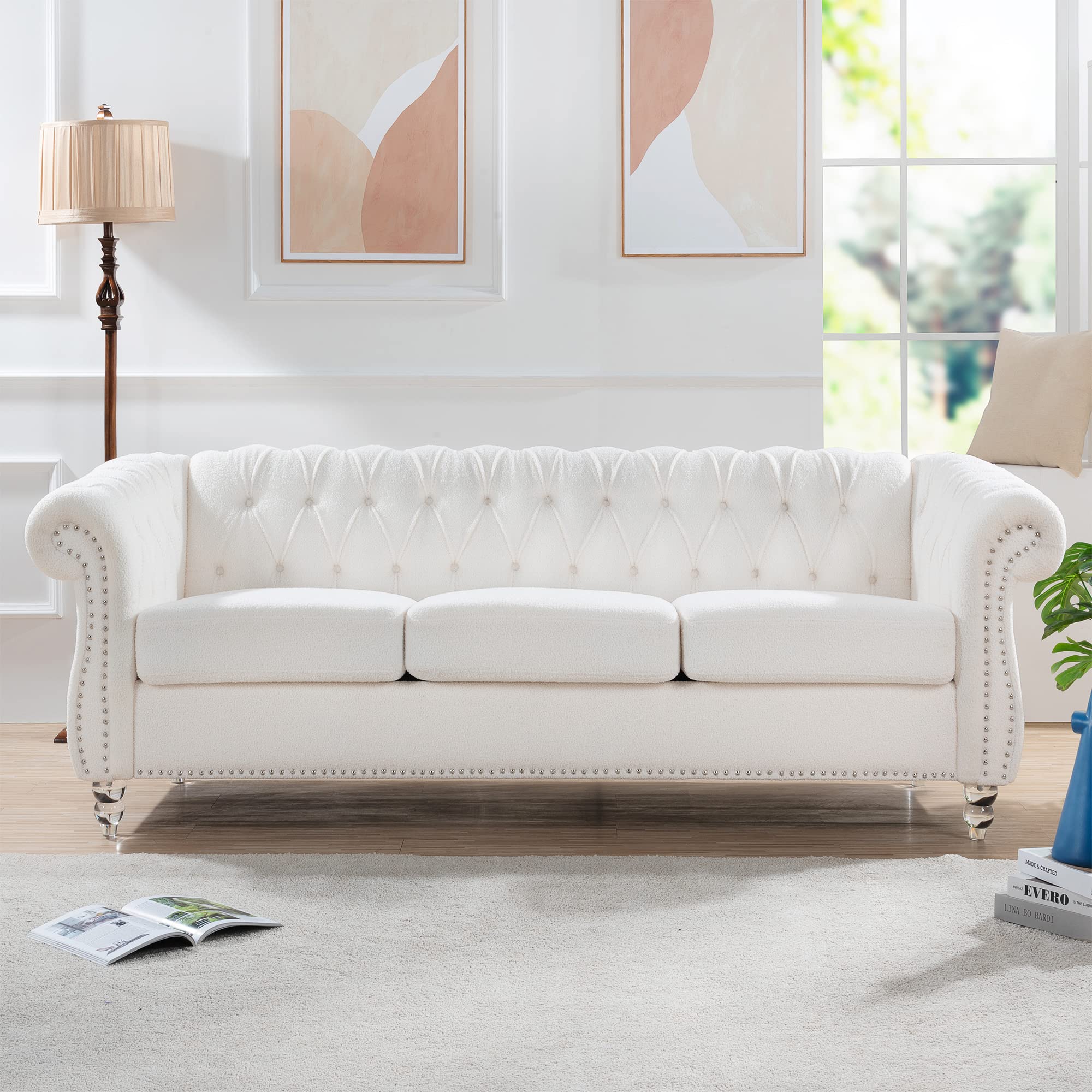 84" Chesterfield Sofa, Mid-Century Modern Velvet Upholstered Sofa, Deep Button Tufted Living Room Sofa with Roll Arms and Nailhead for Living Room, Bedroom, Office, Apartment (White)