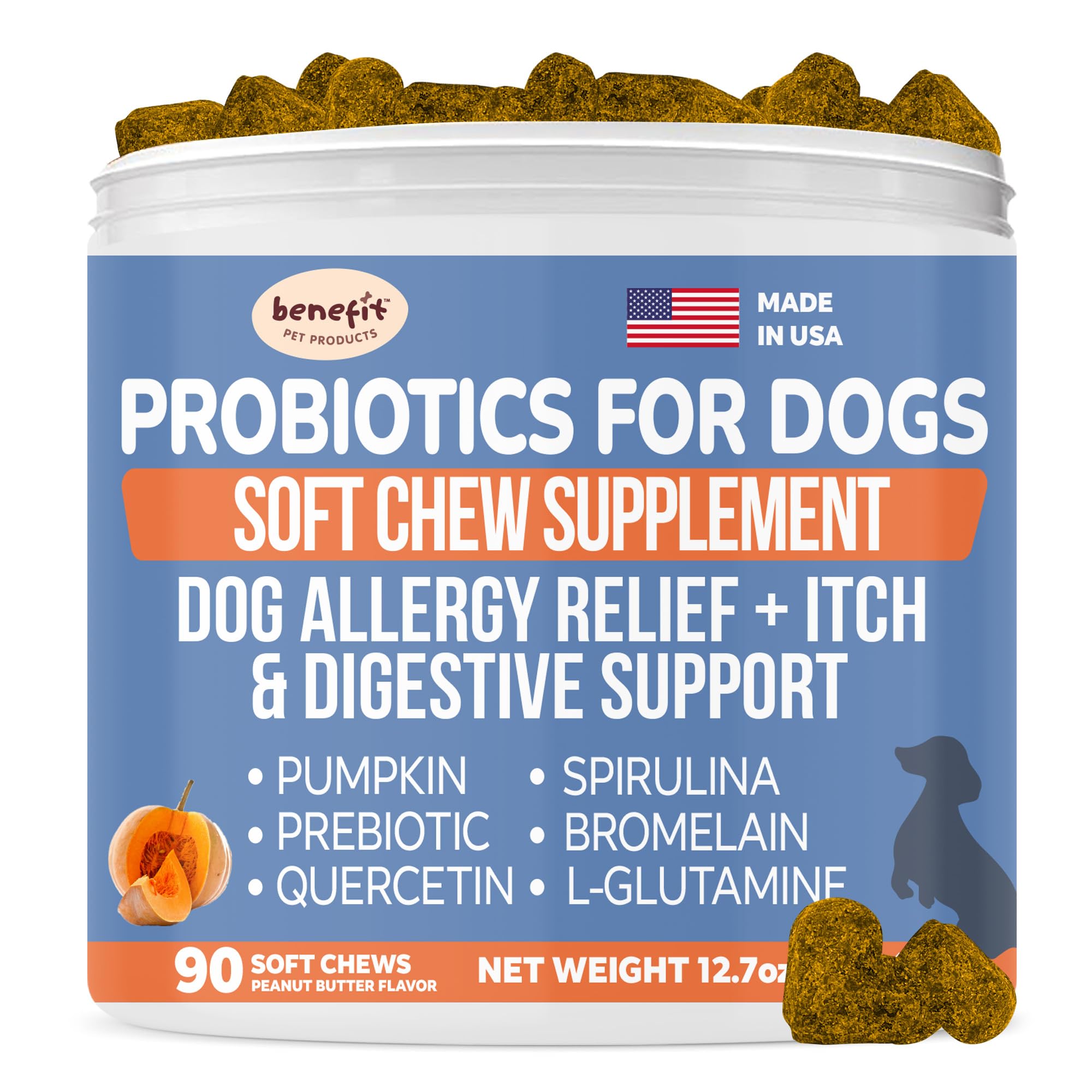 Probiotics for Dogs, Allergy Relief Soft Chew Treats, Fiber Supplement & Enzyme Prebiotic for Digestion Support, Itchy Skin, Reduce Diarrhea - Pumpkin for Dogs, Made in USA (90 ct)