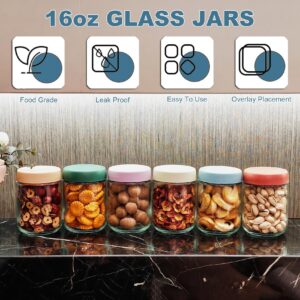 6 Pack 16oz Overnight Oats Containers with Lids Wide Mouth Mason Salad Jars Glass Food Storage Containers for Snacks Yogurt Spice Sugar Meal Prep with Stickers and Marker