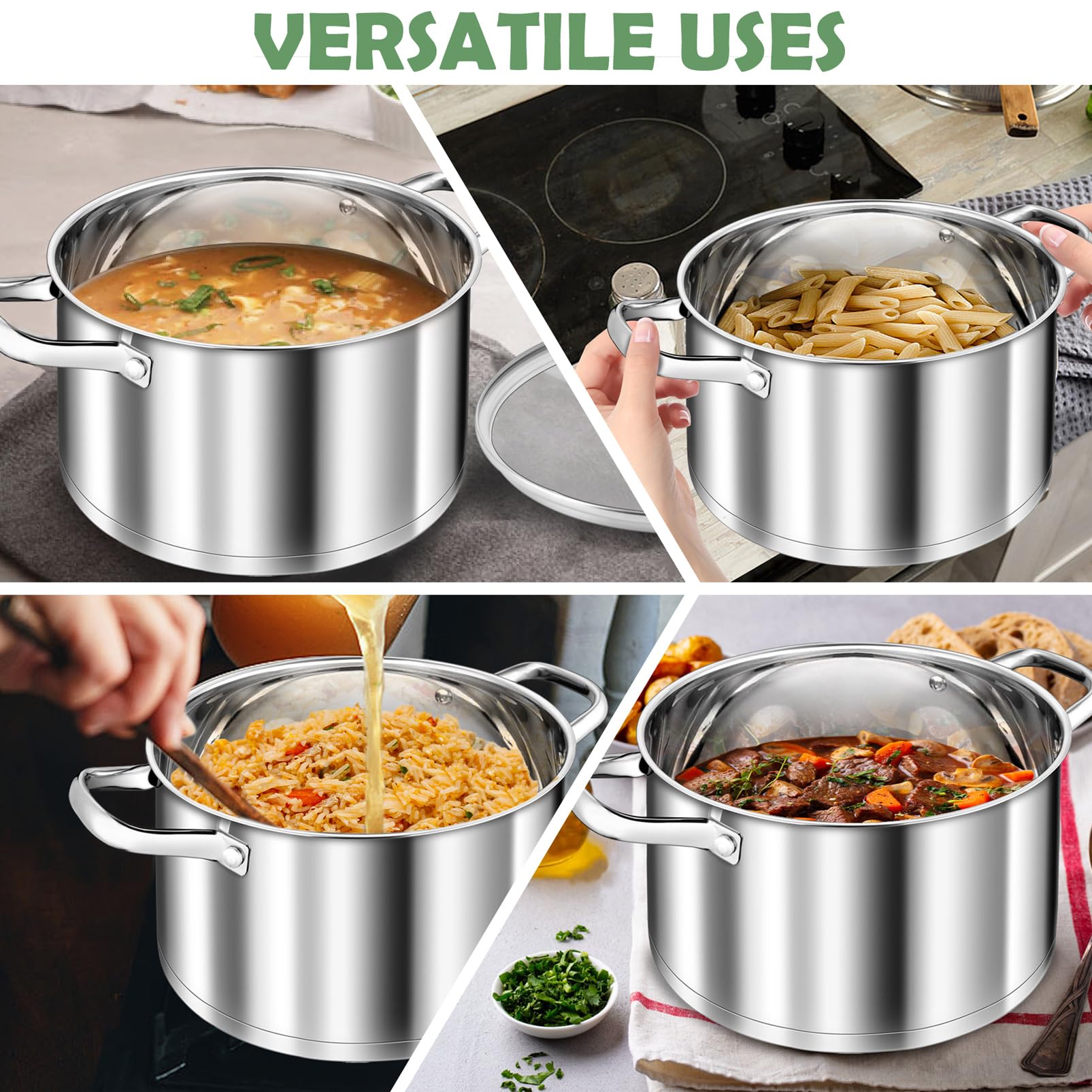 TeamFar 6QT Stainless Steel Stock Pot, Tri-ply Base Cooking Pasta Sauce Soup Pot with Glass Lid for Induction/Gas/Ceramic Stoves, Transparent Cover & Double Handles, Heavy Duty & Dishwasher Safe