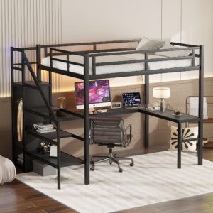 Linique Full Size Gaming Loft Bed with L-Shaped Desk, LED and Charging Station, Metal Loft Bed with Wardrobe and Adjustable Shelf for Kids Teens Adults, Black