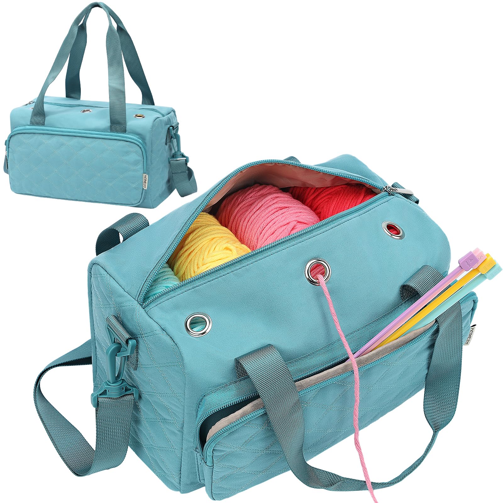 HOMEST Crochet Bag, Yarn Storage Organizer, Knitting Bag with Large Front Pocket for Crochet Hooks, Knitting Needles and Crochet Accessories, Turquoise