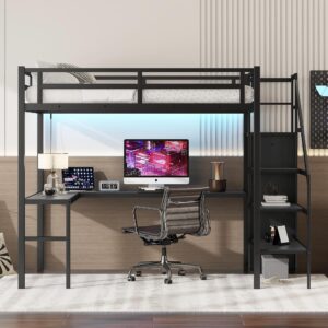 Linique Full Size Gaming Loft Bed with L-Shaped Desk, LED and Charging Station, Metal Loft Bed with Wardrobe and Adjustable Shelf for Kids Teens Adults, Black