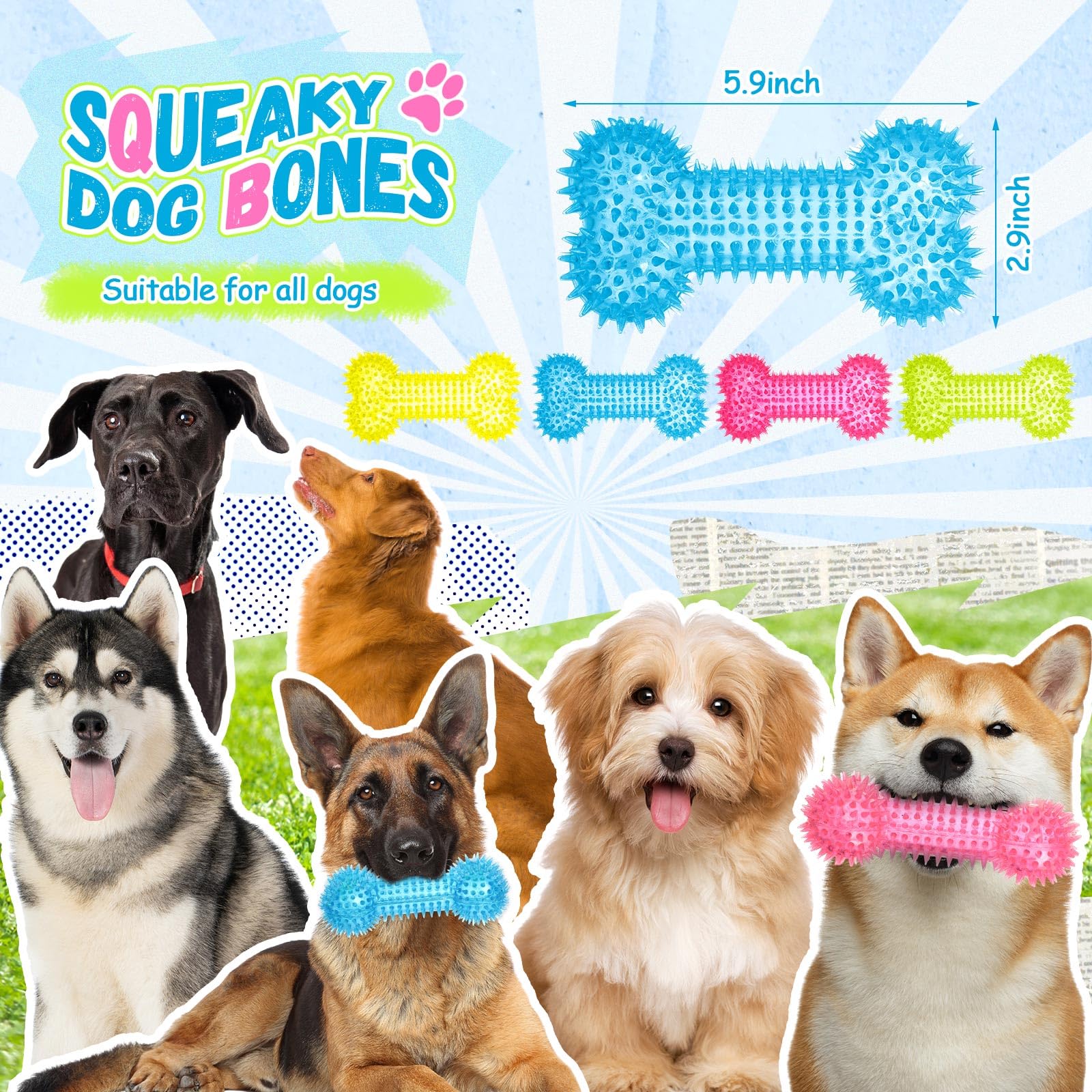 VercanMonth 12 Pack Squeaky Dog Toy 6'' Bone Chew Toy Rubber Bone Toy Dogs Spiky Dog Toy for Medium and Large Dogs Teeth Cleaning and Training Aggressive Chewers, 4 Colors