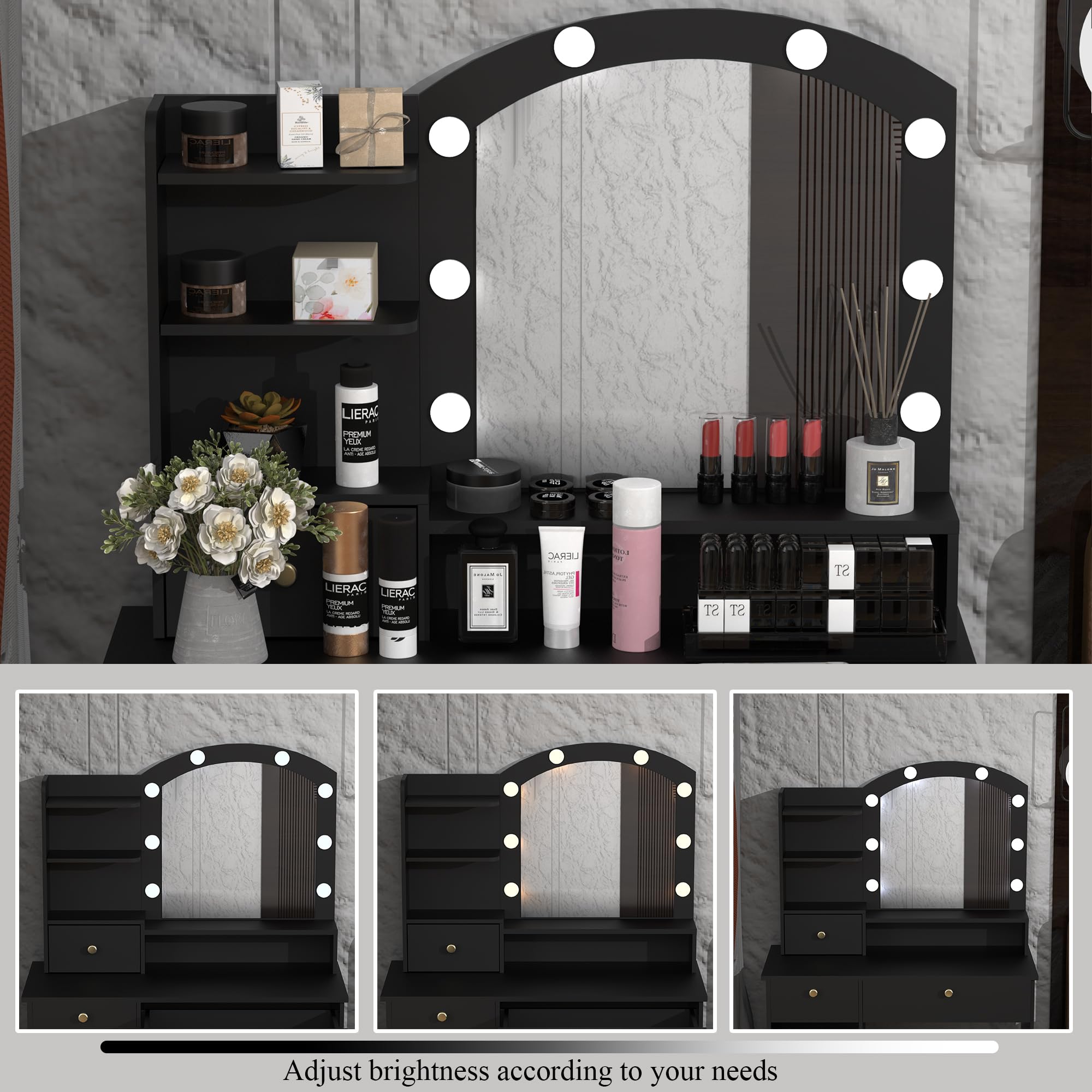 MISHAO Vanity Desk Set w/Mirror & Lights, Power Outlet, Makeup Vanity Table w/Stool, Storage Drawers & Open Shelves, 3 Color Modes & Adjustable Brightness Dressing Table for Bedroom, Black